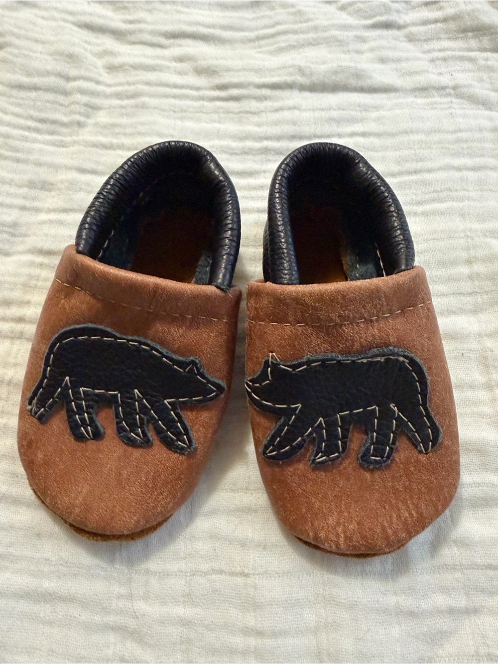 Toddler Brown Leather Moccasins with Black Bear Applique